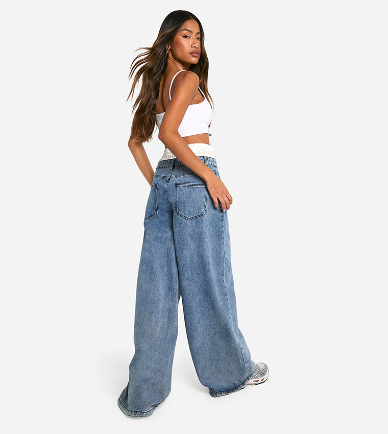 Satin Boxer Detail High Waist Wide Leg Denim Jeans