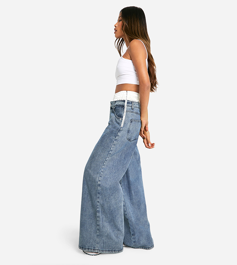 Satin Boxer Detail High Waist Wide Leg Denim Jeans