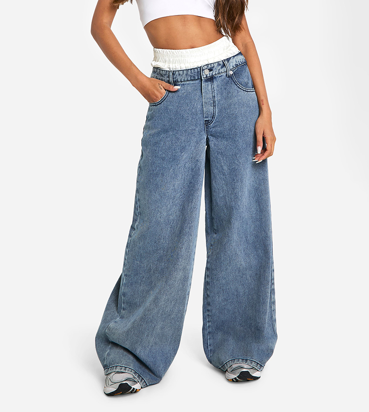 Satin Boxer Detail High Waist Wide Leg Denim Jeans