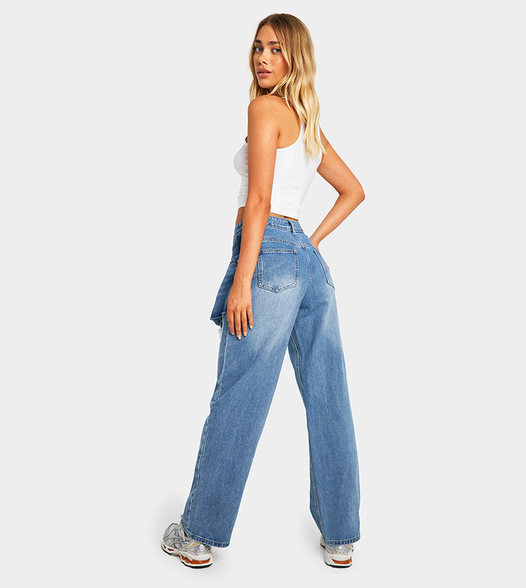 2 In 1 Skirt Washed Overlay Detail Straight Fit Jeans