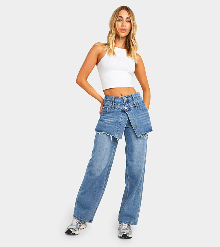 2 In 1 Skirt Washed Overlay Detail Straight Fit Jeans