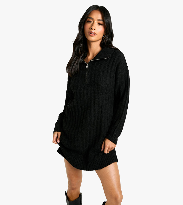 Petite Soft Knit Thick Rib Zip Neck Oversize Mini Dress