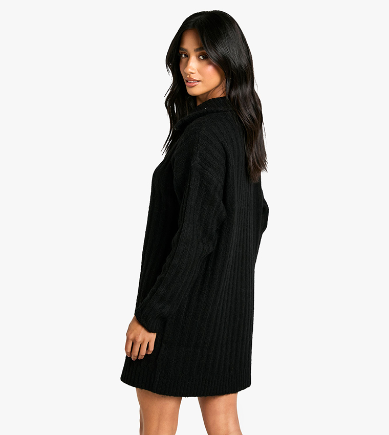 Petite Soft Knit Thick Rib Zip Neck Oversize Mini Dress