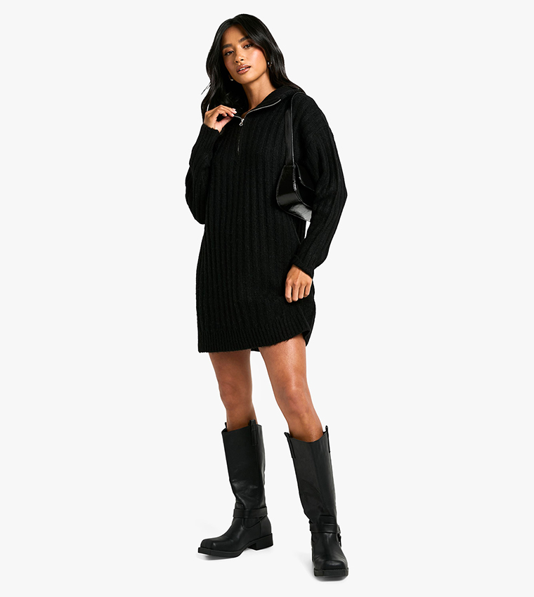 Petite Soft Knit Thick Rib Zip Neck Oversize Mini Dress