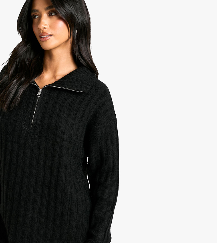 Petite Soft Knit Thick Rib Zip Neck Oversize Mini Dress