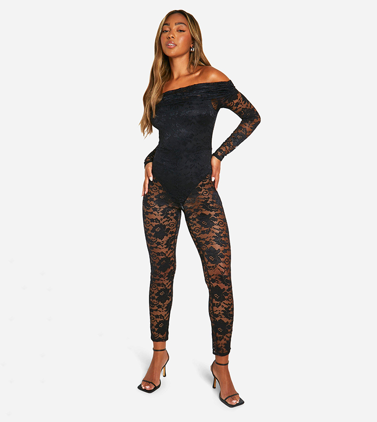Buy Boohoo Lace Fold Over Bardot Jumpsuit In Black 6thStreet UAE