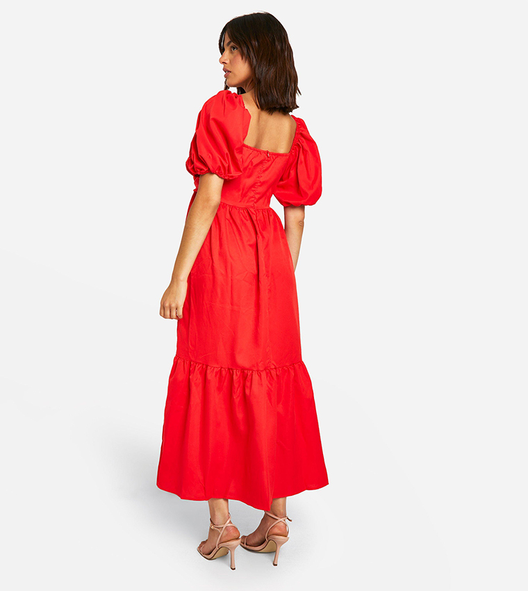 Buy Boohoo Solid Puff Sleeves Maxi Dress In Red | 6thStreet Kuwait