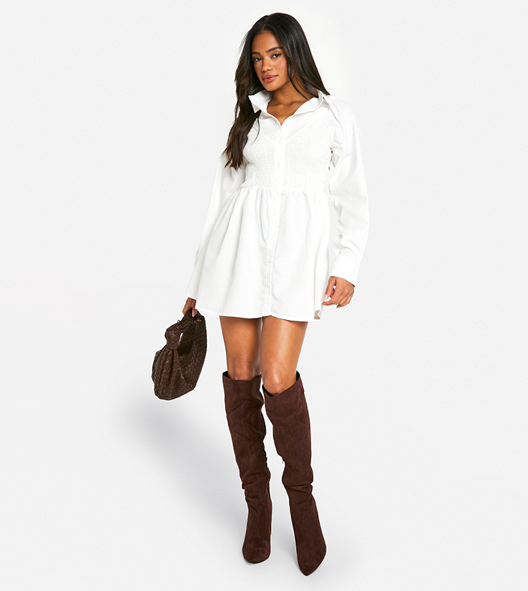 Buy Boohoo Shirred Long Sleeves Shirt Dress In White | 6thStreet Oman