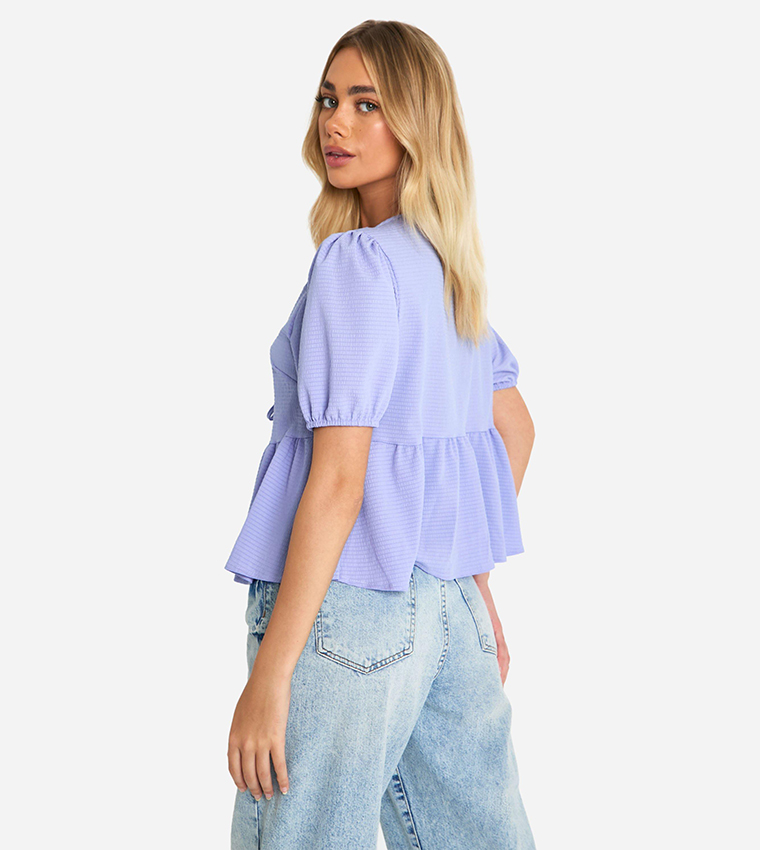Textured Tie Front Puff Sleeves Smock Top
