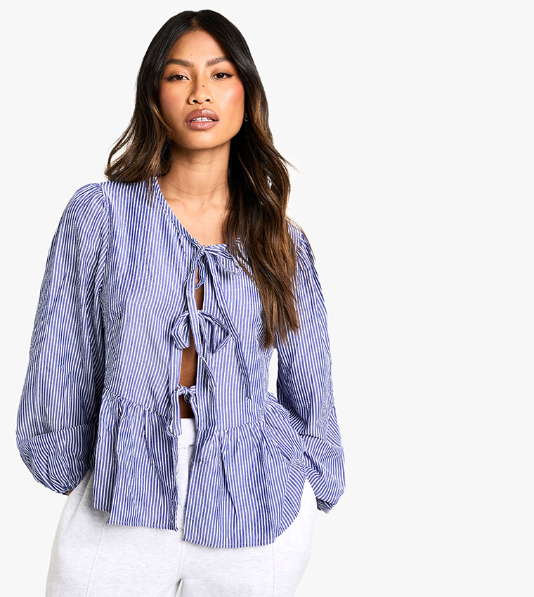 Pinstriped Tie Front Puff Long Sleeves Smock Top