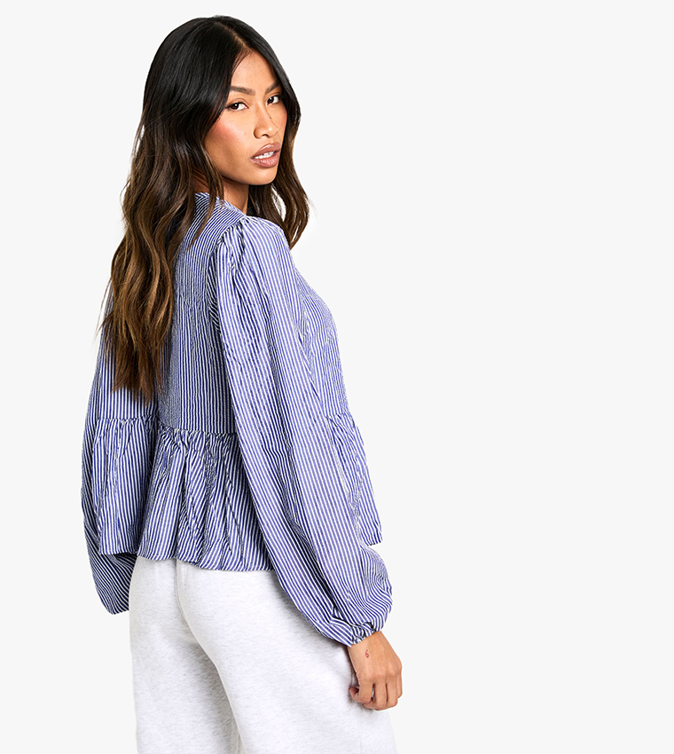 Pinstriped Tie Front Puff Long Sleeves Smock Top