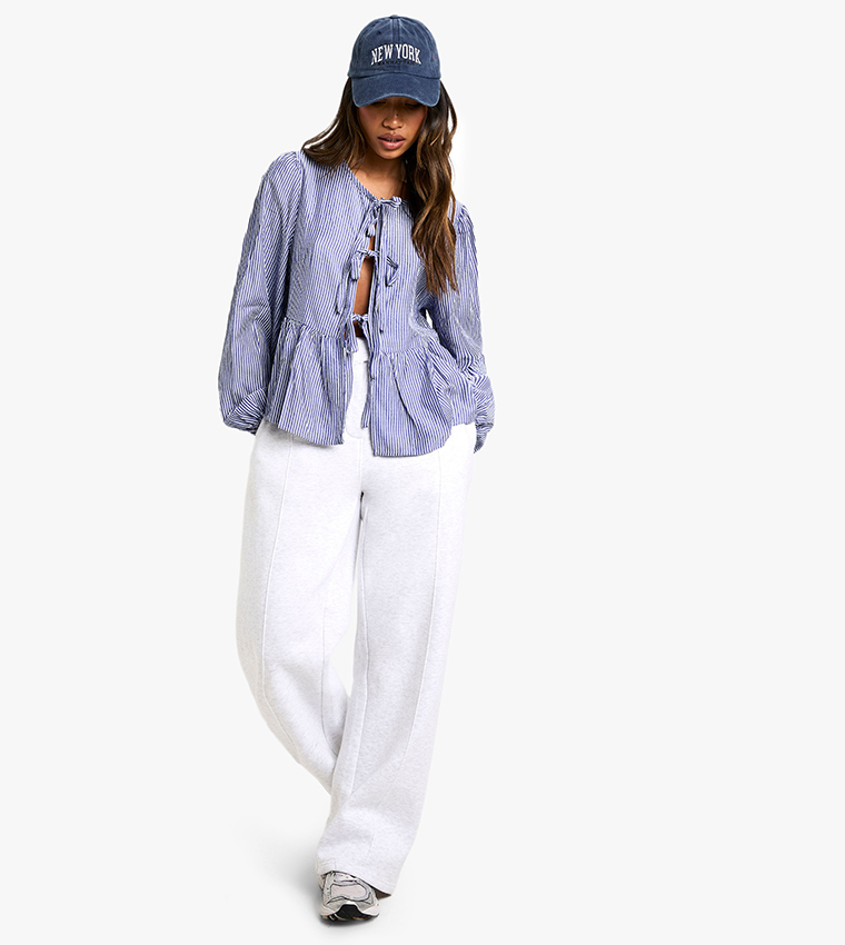 Pinstriped Tie Front Puff Long Sleeves Smock Top