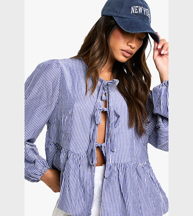 Pinstriped Tie Front Puff Long Sleeves Smock Top