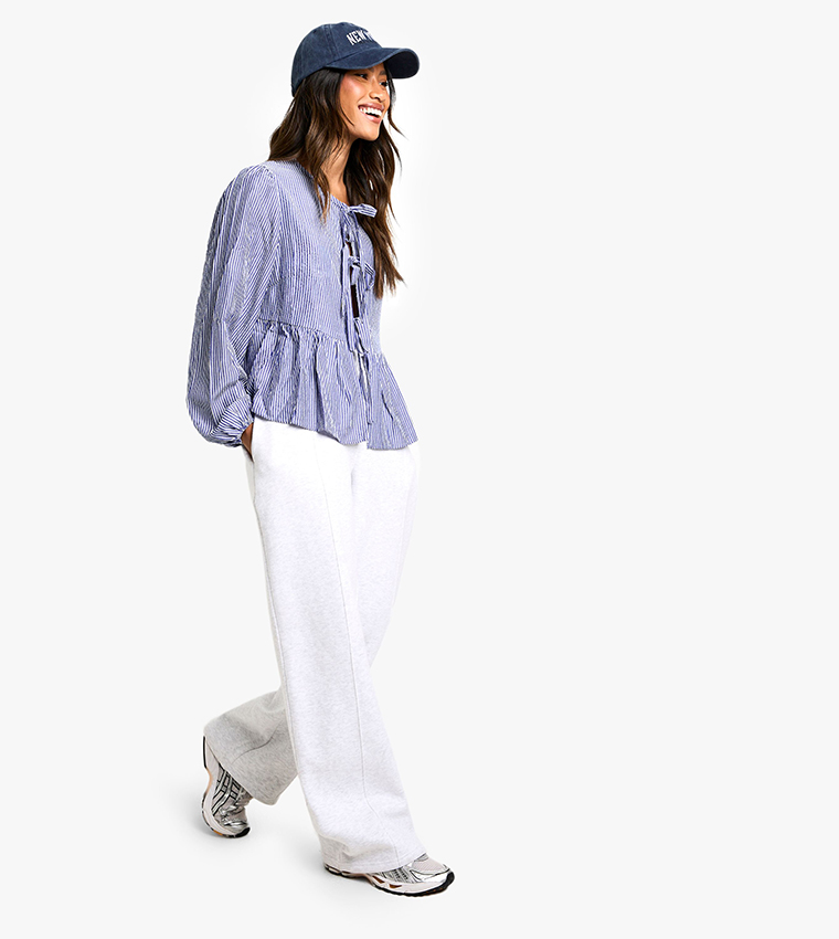 Pinstriped Tie Front Puff Long Sleeves Smock Top
