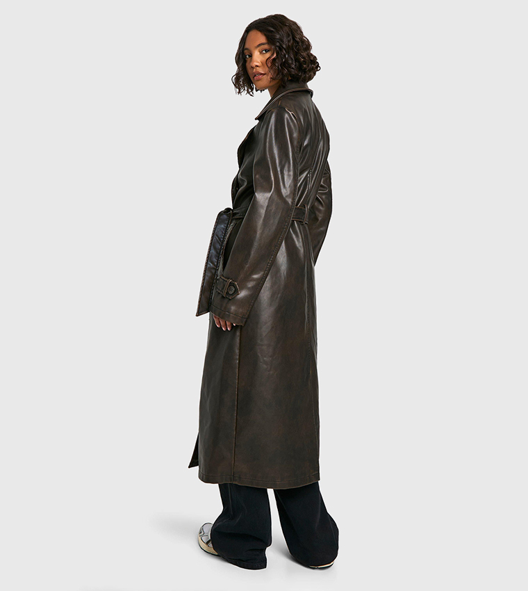 Buy Boohoo Tall Vintage Look Faux Leather Trench Coat In