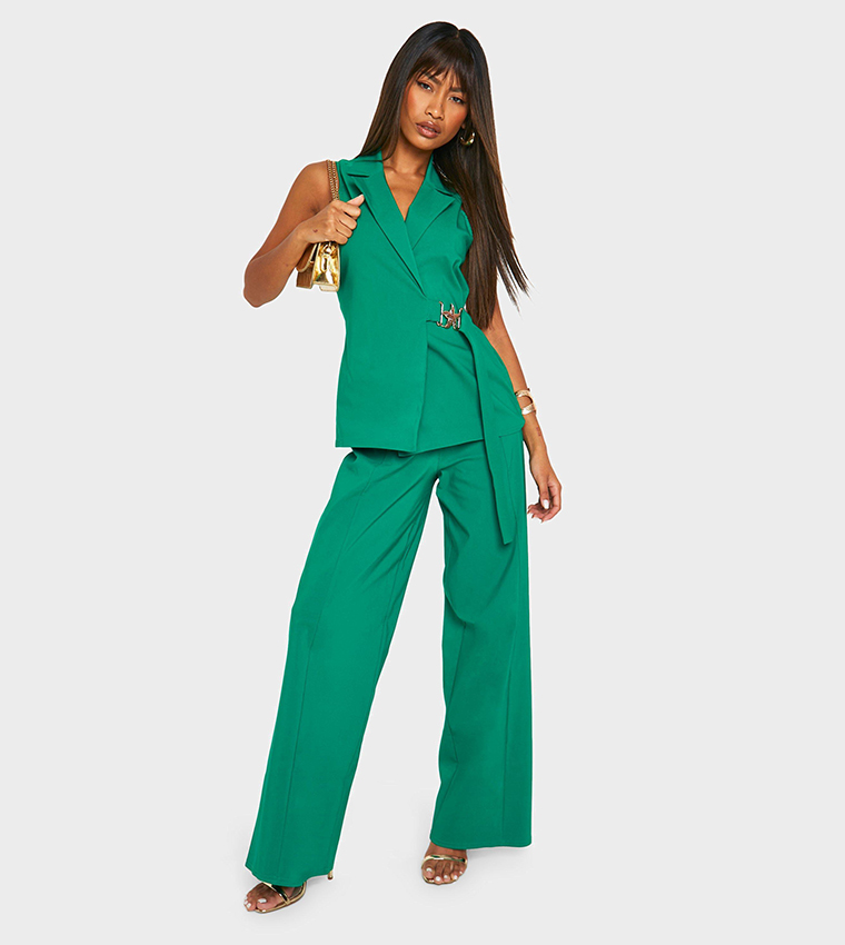 Buy Boohoo Super Stretch Seam Detail Wide Leg Trousers In Green | 6thStreet  UAE