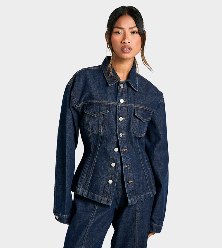 Cinched Waist Contrast Stitch Denim Jacket