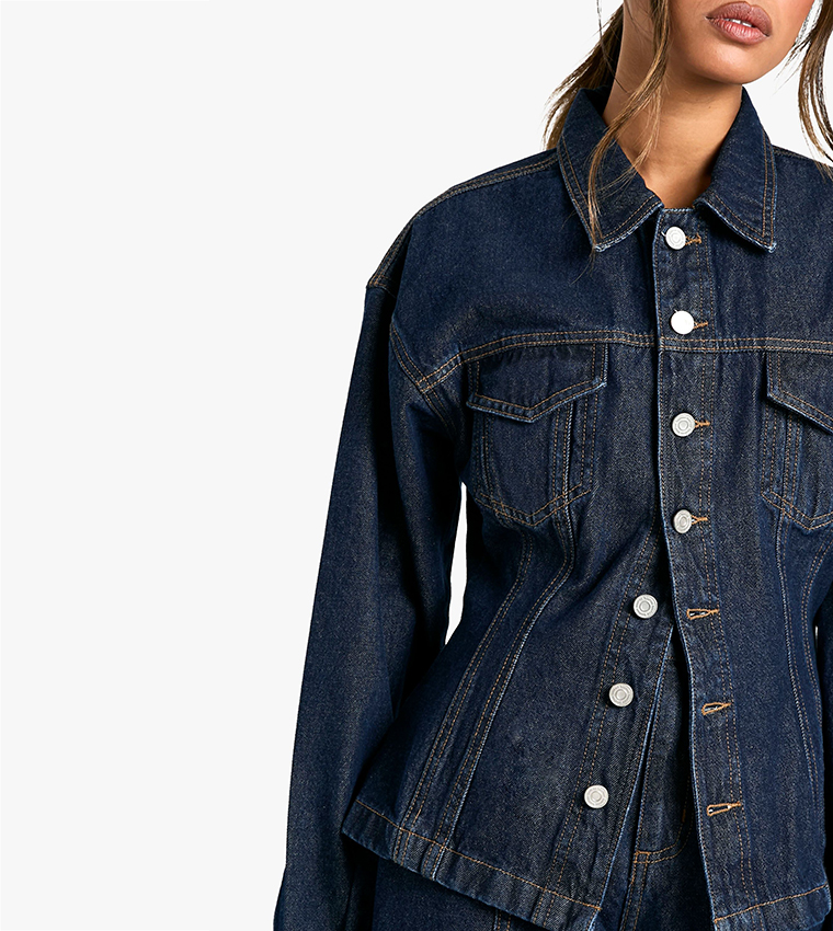 Cinched Waist Contrast Stitch Denim Jacket