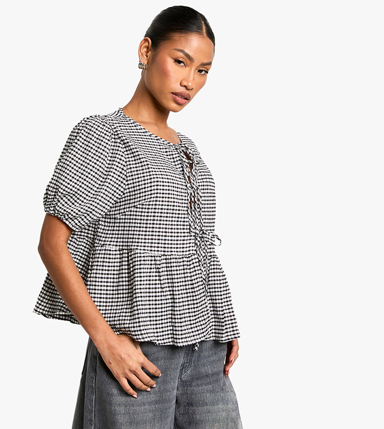 Gingham Tie Front Puff Sleeves Smock Top