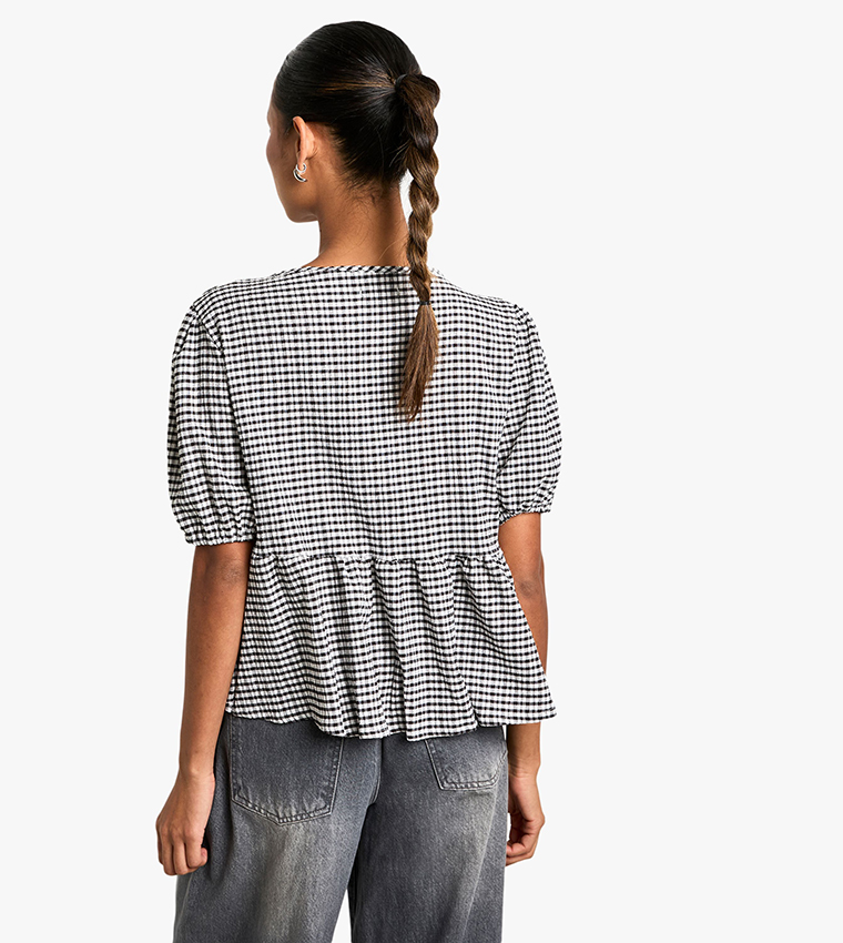 Gingham Tie Front Puff Sleeves Smock Top
