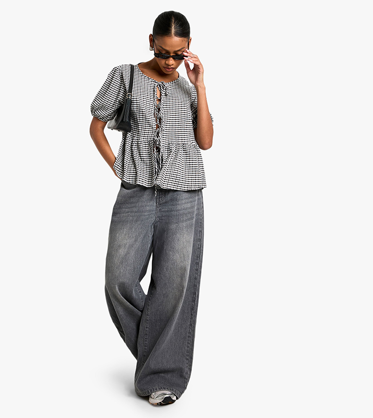 Gingham Tie Front Puff Sleeves Smock Top