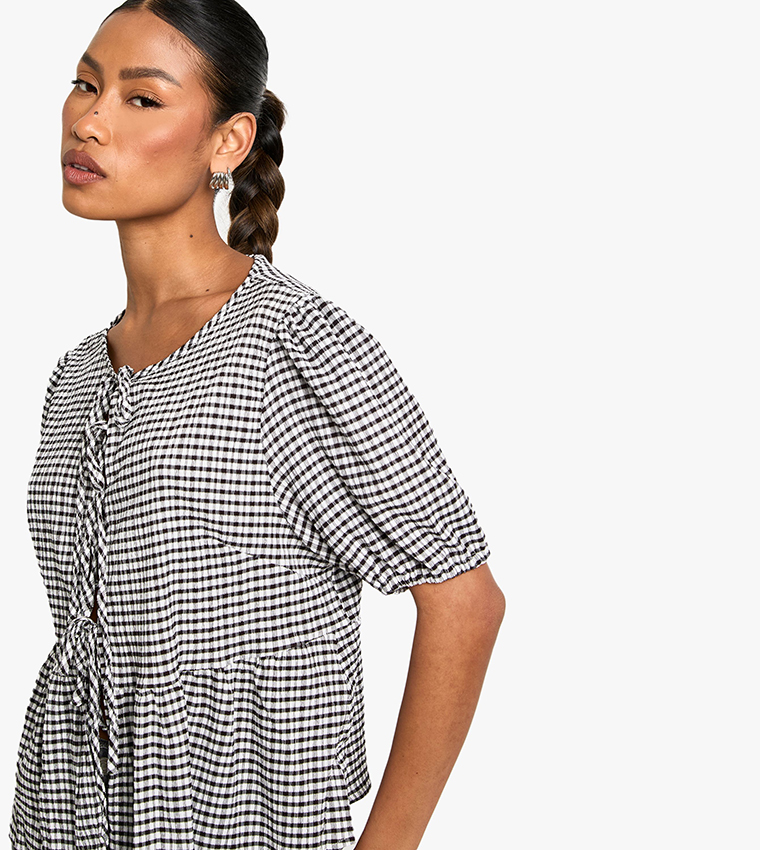 Gingham Tie Front Puff Sleeves Smock Top