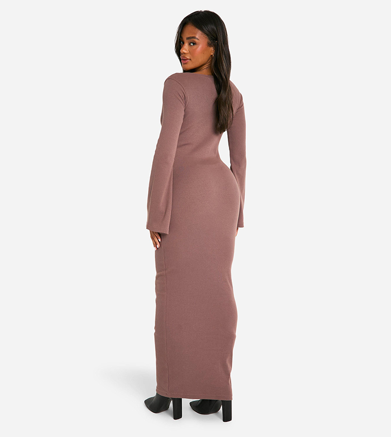 Solid Ribbed Flared Sleeves V-Neck Dress