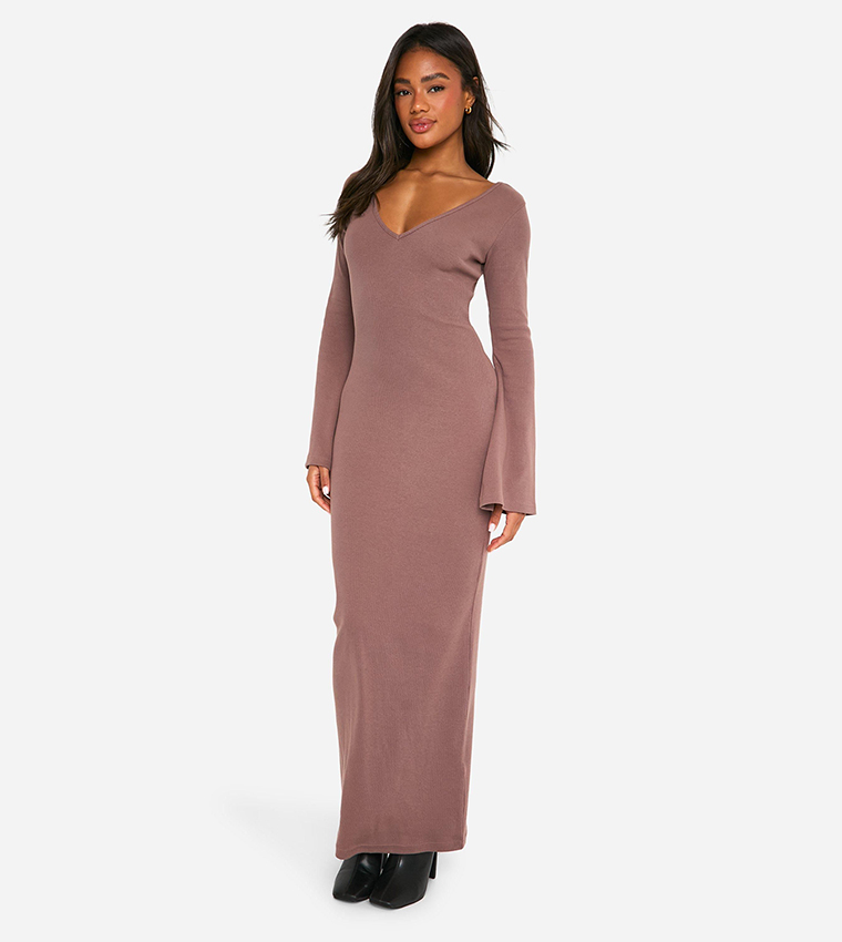 Solid Ribbed Flared Sleeves V-Neck Dress