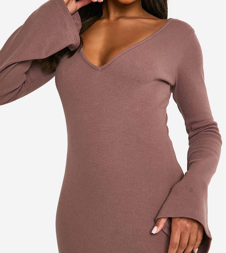 Solid Ribbed Flared Sleeves V-Neck Dress