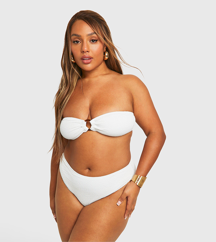 Buy Boohoo Crinkle O Ring High Waist Bandeau Bikini Set In White