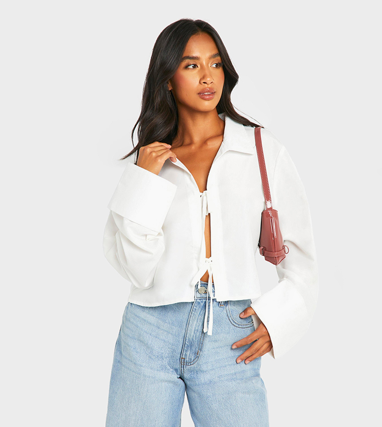 Petite Turn Up Cuff Tie Front Shirt