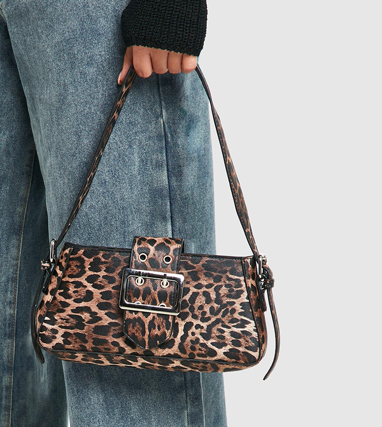 Buckle Detail Leopard Print Shoulder Bag