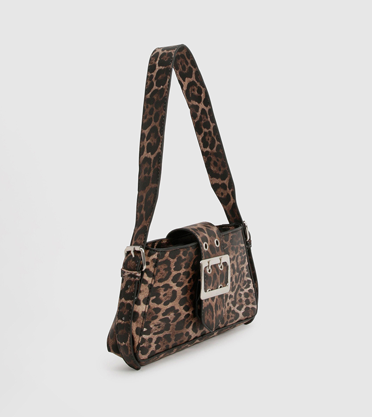 Buckle Detail Leopard Print Shoulder Bag