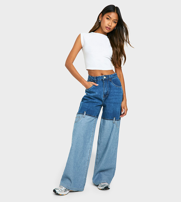 Contrast Seam Detail Wide Leg Jeans