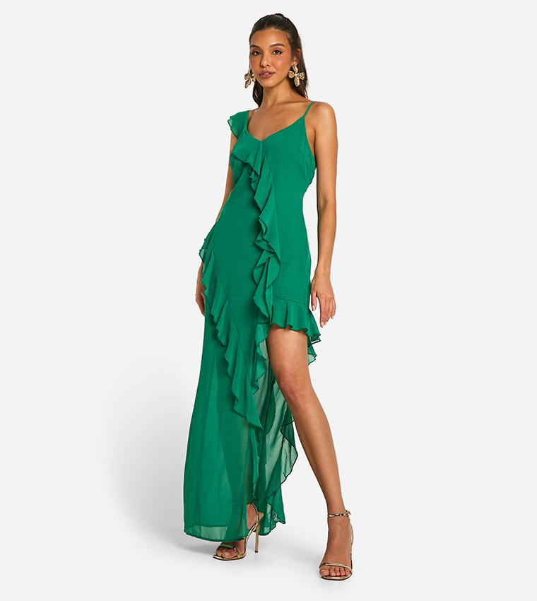 Buy Boohoo Chiffon Ruffle Asymmetric Maxi Dress In Green