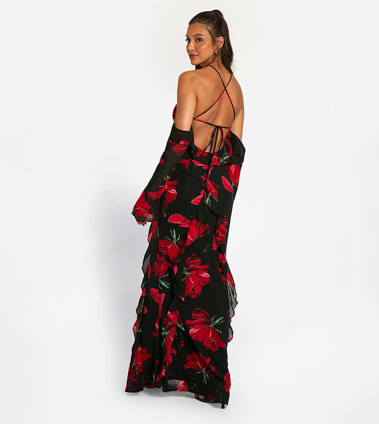 Buy Boohoo Printed Floral Print Chiffon Ruffle Maxi Dress In Black |  6thStreet Saudi Arabia