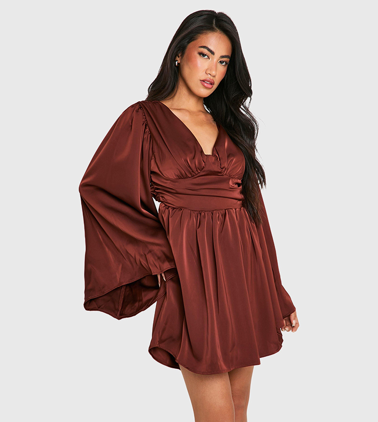 Satin Extreme Flared Sleeves Skater Dress