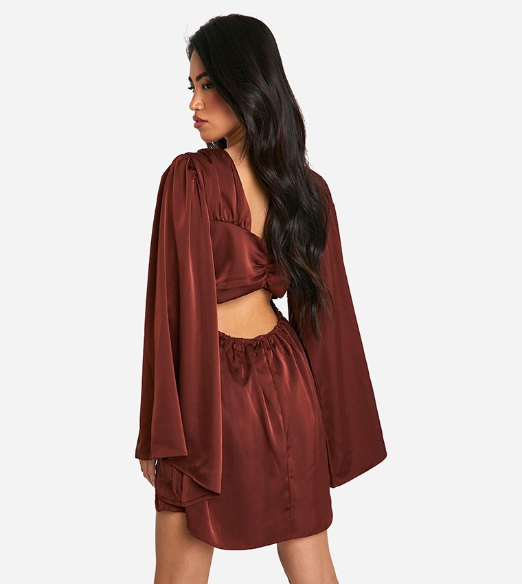Satin Extreme Flared Sleeves Skater Dress
