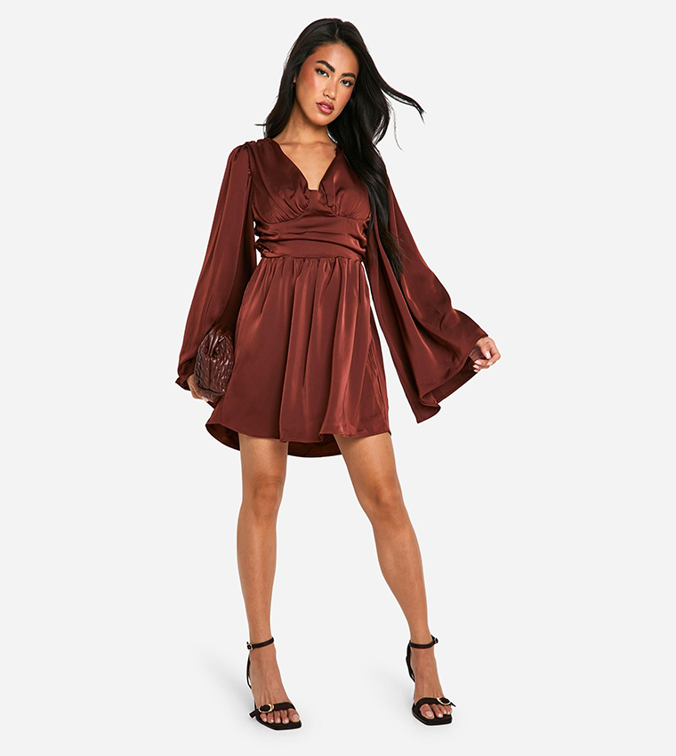 Satin Extreme Flared Sleeves Skater Dress