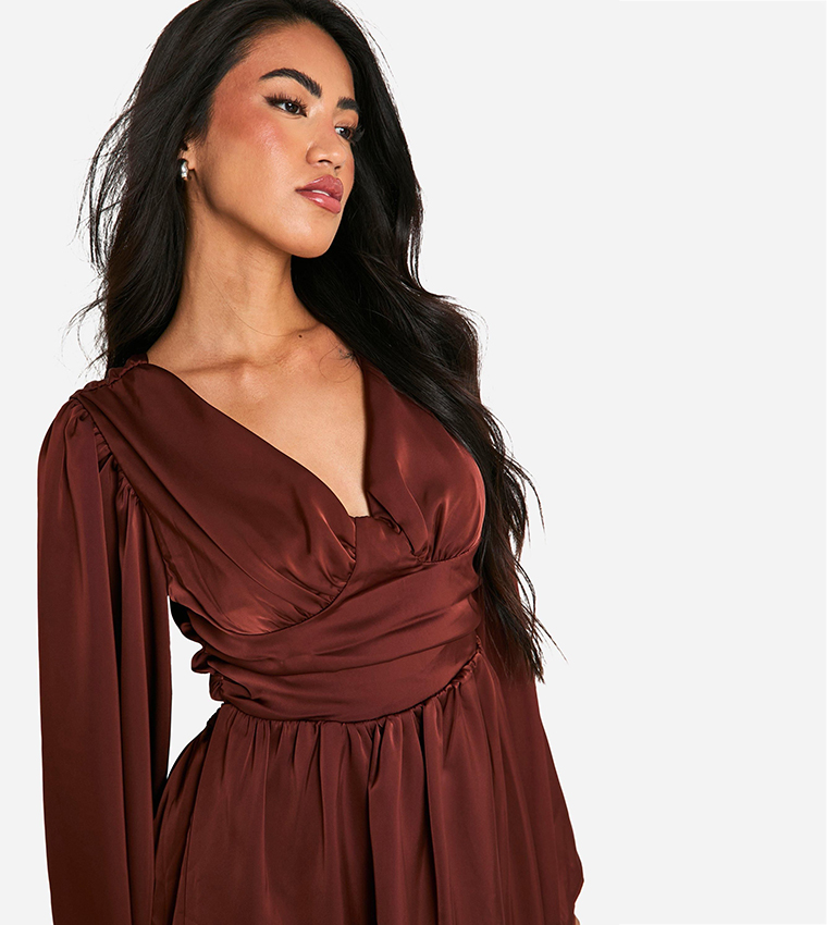 Satin Extreme Flared Sleeves Skater Dress