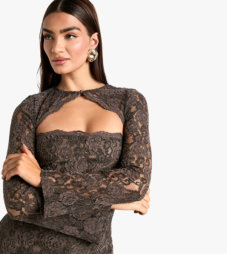 Buy Boohoo Velvet Lace Bolero Mini Dress In Brown | 6thstreet Saudi Arabia