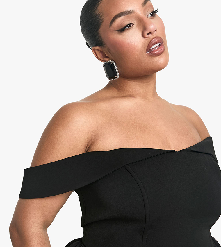 Curve Off Shoulder Pleated Skater Dress