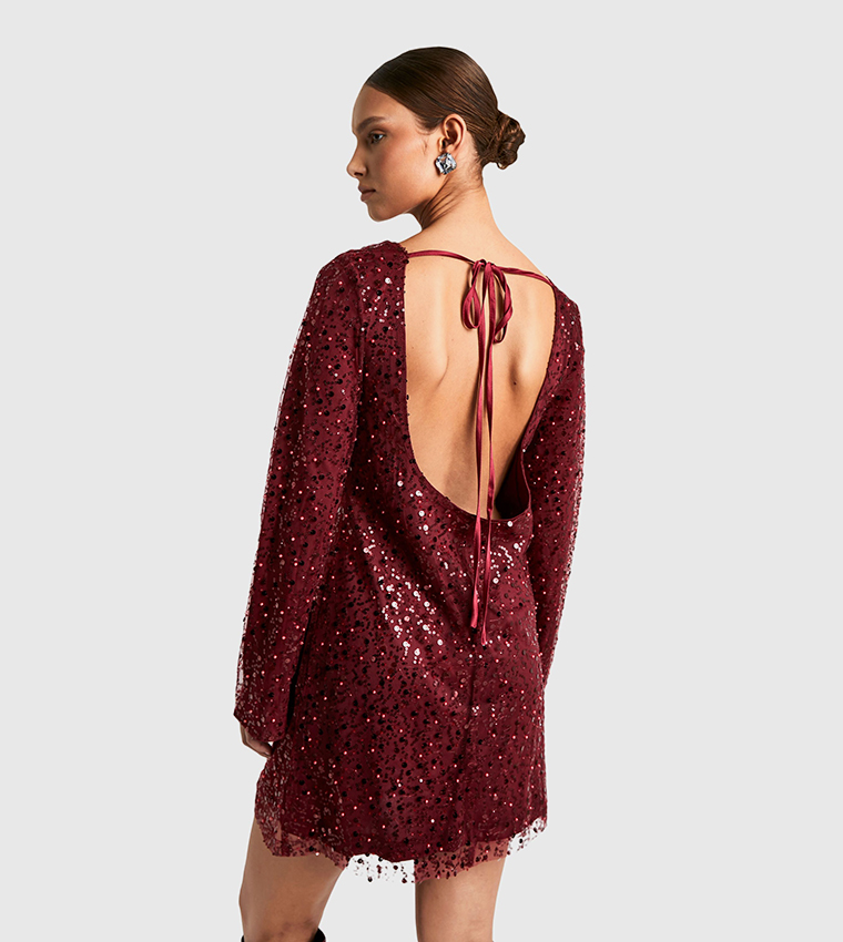 Flare Sleeves Tie Back Sequined Mini Dress