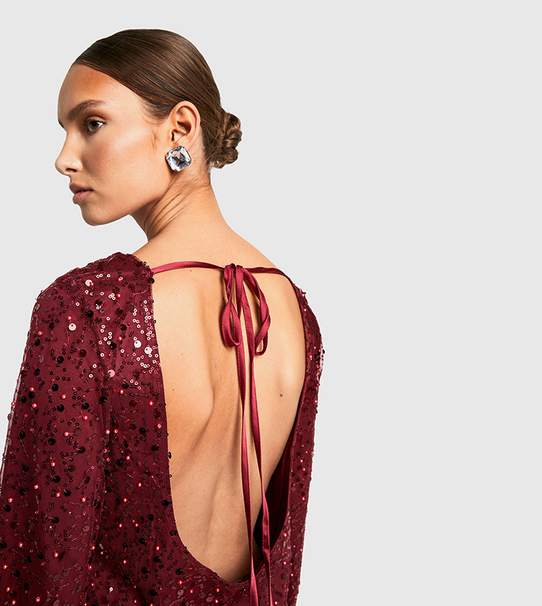 Flare Sleeves Tie Back Sequined Mini Dress