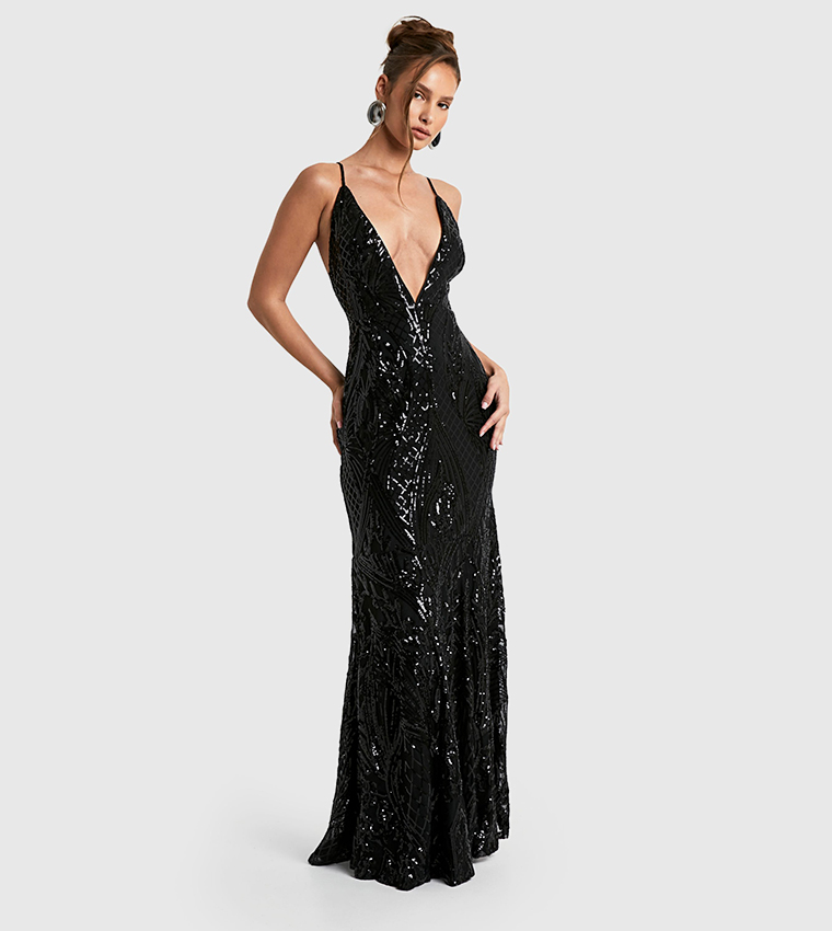 Demask Sequined Plunge Strappy Maxi Dress