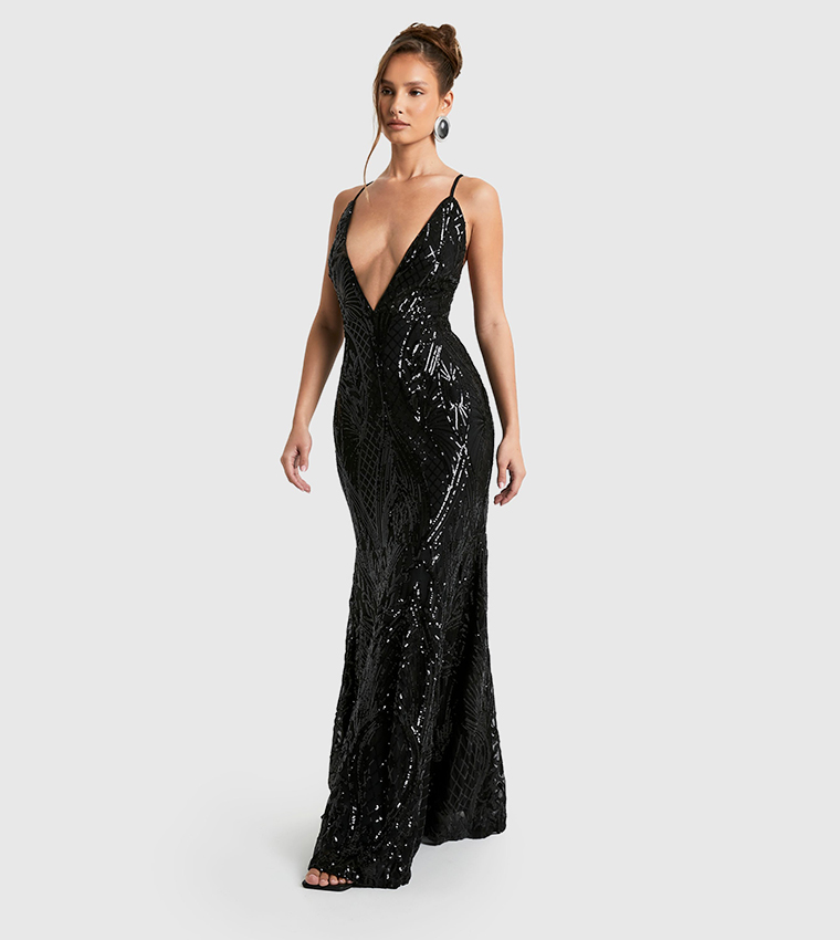 Demask Sequined Plunge Strappy Maxi Dress