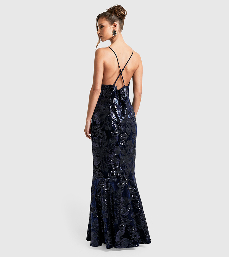 Plunge Strappy Demask Sequined Maxi Dress