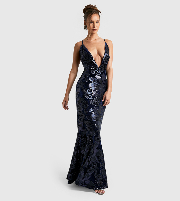 Plunge Strappy Demask Sequined Maxi Dress