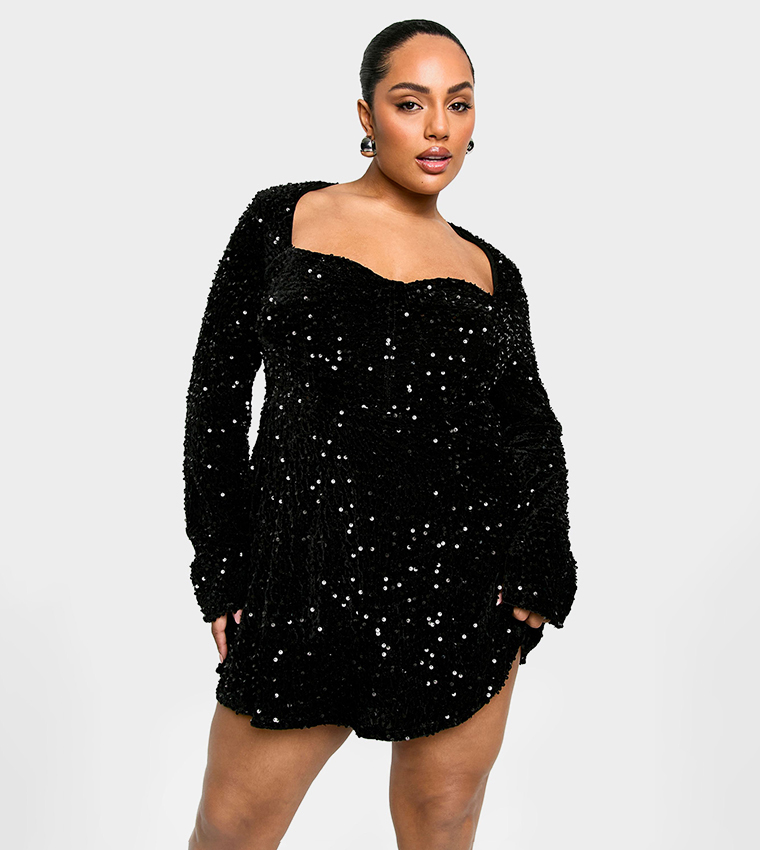 Buy Boohoo Curve Sequin Velvet Sweetheart Mini Skater Dress In