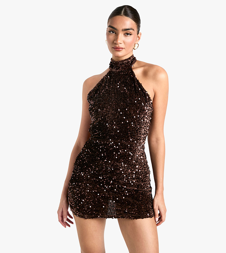 boohoo brown sequin dress Summer Brunch Date Smocked Midi Dress main image 1